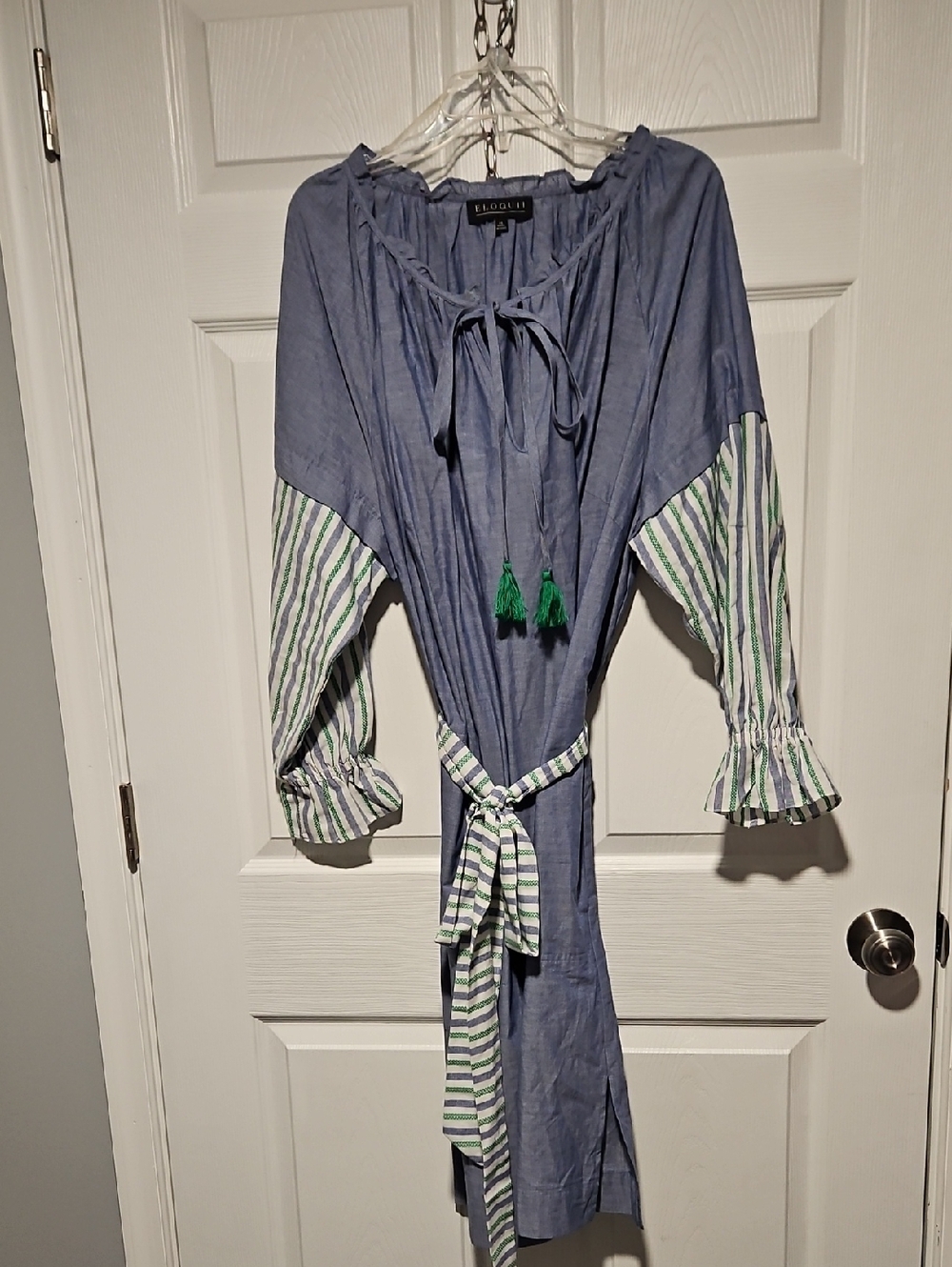 Eloquii Blue Midi Dress with Green Tassels and Striped Sleeves